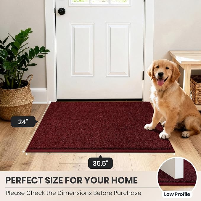 PURRUGS Dirt Trapping Door Mat 24" x 35.5", Non-Slip Machine Washable Entryway Rug, Dog Doormat, Indoor Front Door Mat, Super Absorbent Entry Rug for Muddy Shoes & Paws, Burgundy Red