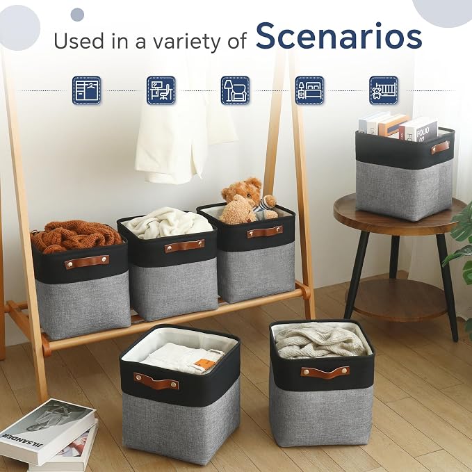 FinishingBo 11 inch Cube Storage Bin 6 Pack, Cube Organizer Bins | Fabric Storage Bins With Handles, 11x11 Storage Cubes, Shelf Basket, Black/ Gray