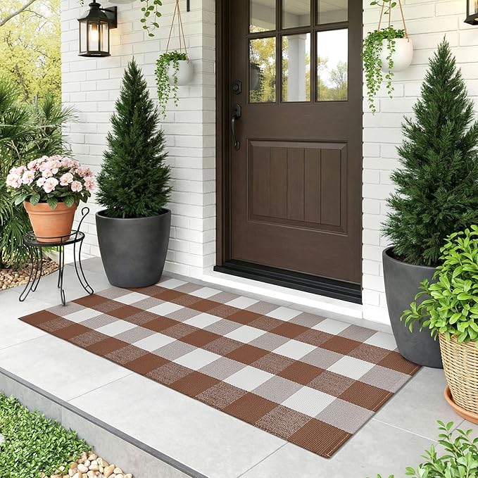 KOZYFLY Buffalo Plaid Area Rugs 2x4.3 Ft Brown and White Rug Washable Front Door Mat Woven Cotton Indoor Outdoor Rug for Front Porch Kitchen Entryway Patio Farmhouse Checkered Doormat