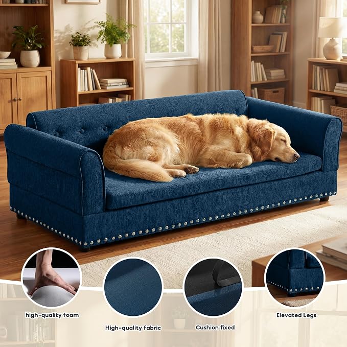55" Dog Sofa for Medium to Large Dogs, Button Tufted Dog Couch Bed with Backrest and Armrests, Durable Memory Foam Pet Bed, Removable Cushion for Medium and Large Dogs, Blue