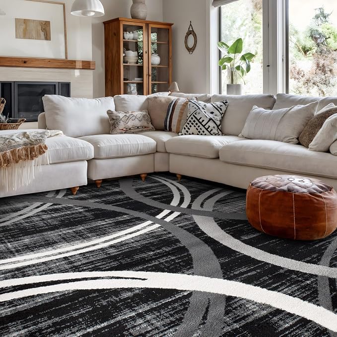 Rugshop Wavy Circles Modern Fade-Resistant Area Rug Black 6'6" x 9' | High Traffic,Fade Resistant, Living Room, Bedroom, Dining Room, Home Office, Kitchen, Entryway, Hallway, Nursery,Basement