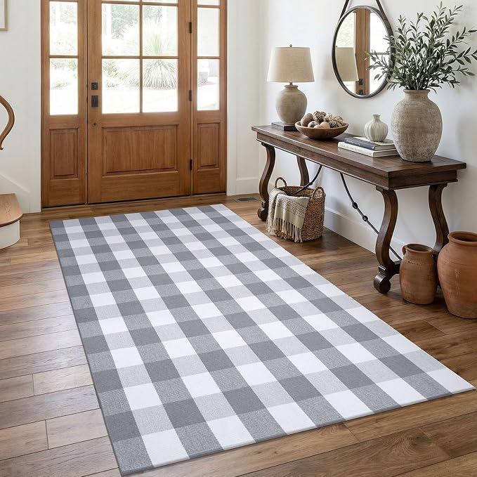 KOZYFLY Buffalo Plaid Area Rug 4x6 Ft Checkered Rug Washable Cotton Outdoor Rugs for Bedroom Gray and White Front Door Mat Carpet for Front Porch Living Room Dining Room Kitchen