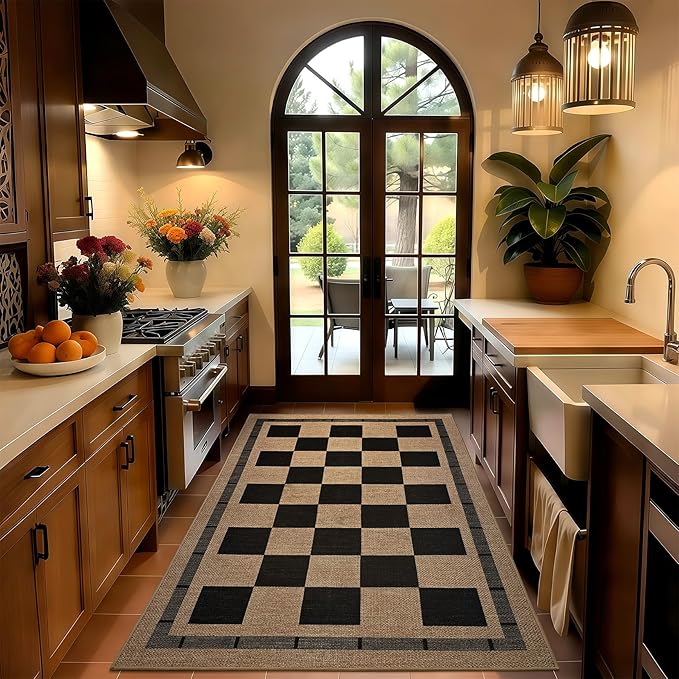 3x5 Outdoor Rug, Jute Checkered Rugs, Patio, Entryway, Balcony Porch Carpet | Indoor Plaid Carpets, Washable Bedroom Kitchen Rugs, Non Slip Farmhouse Neutral Laundry Office Floor Mat, Black and Brown