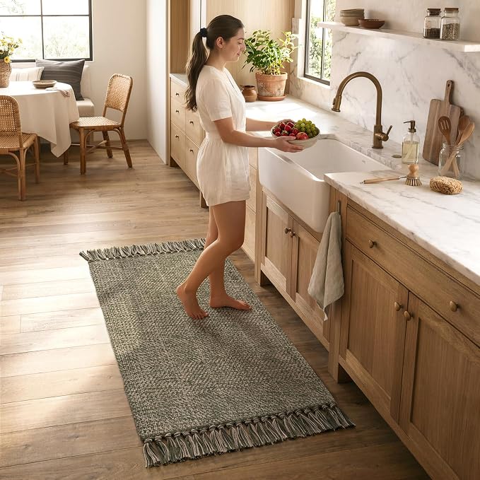 Collive 2' x 4.3' Indoor Outdoor Rug, Modern Farmhouse Moss Green Kitchen Runner Rugs Hand-Woven Bathroom Mat, Boho Washable Front Door Mats Reversible Entry Carpet for Laundry Bedroom Porch Decor
