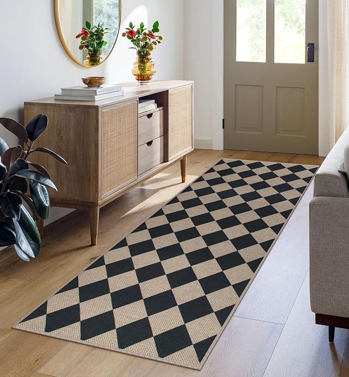 Rugalia Easy Jute Checkered Runner Rug, 2x6 Black Modern Washable Rugs Runner for Hallway Non-Slip Long Kitchen Rug, Geometric Diamond Indoor Outdoor Carpet for Porch Laundry Entryway