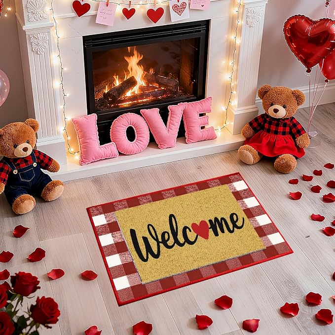 2 Pcs Valentines Day Welcome Doormat, Heart Welcome Door Mat Valentines Day Non Slip Coir Plaid Mat Layering Doormats Seasonal for Home Bathroom Front Porch Entryway Decor 24"x 32"
