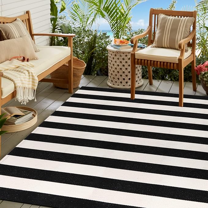 LEEVAN Black and White Outdoor Rug 4x6, Cotton Washable Outdoor Patio Rug, Black Striped Reversible Rug for Balcony Decor, Woven Entryway Rug for Layered Door Mats Porch/Front Door