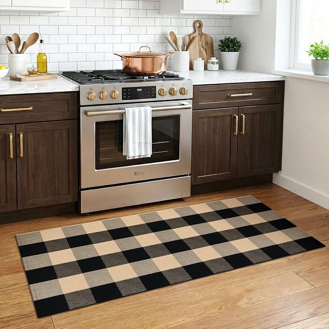 KOZYFLY Buffalo Plaid Area Rugs 2x4.3 Ft Brown and Black Rug Washable Front Door Mat Woven Cotton Indoor Outdoor Rug for Front Porch Kitchen Entryway Patio Farmhouse Checkered Doormat