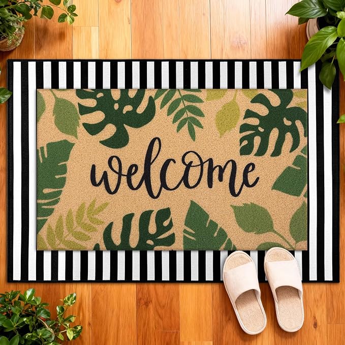 Tinideya 2 Pcs Summer Palm Leaf Door Mat Tropical Leaves Welcome Non Slip Coir Mats Rainforest Floor Layering Doormats Seasonal for Front Porch Entryway Decor(Tropical Leaves)