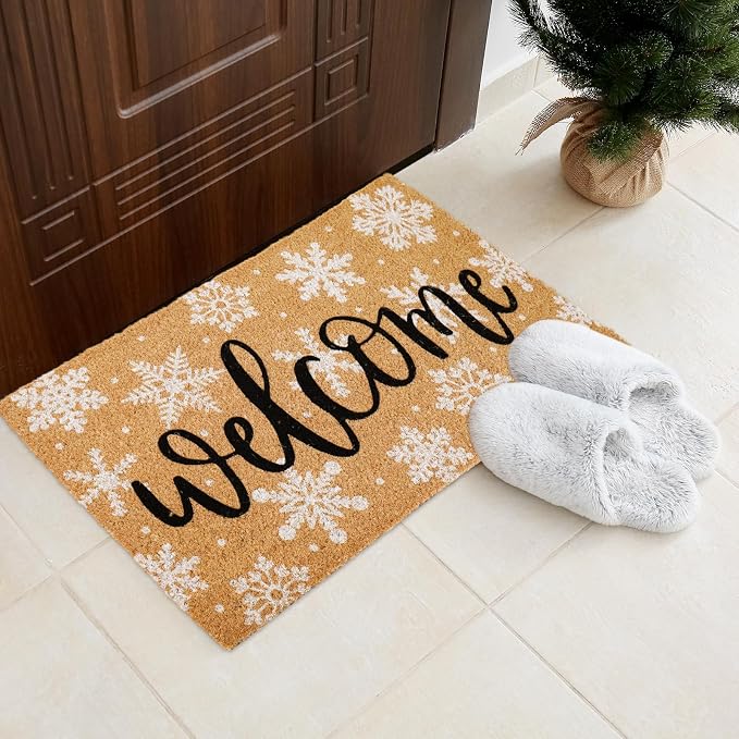 JarThenaAMCS Winter Natural Coir Doormat WhiteSnowflake Welcome Floor Mat Christmas Non-Slip Entrance Door Rug for Xmas Indoor Outdoor Home Bathroom Decor, 16.5 x 29 Inch