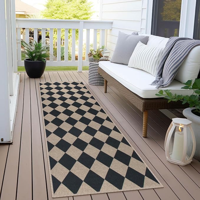 Rugalia Easy Jute Checkered Runner Rug, 2x6 Black Modern Washable Rugs Runner for Hallway Non-Slip Long Kitchen Rug, Geometric Diamond Indoor Outdoor Carpet for Porch Laundry Entryway
