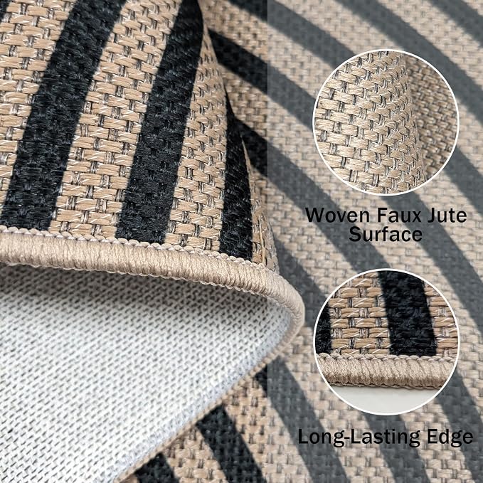 Easy Jute Rainbow Rug 2.6x5Ft Half Circle Doormat Neutral Faux Jute Carpet for Farmhouse Bedroom Entrance Balcony, Nonslip Half Round Floor Mat for Living Room Patio Kitchen, Outdoor, Black 3