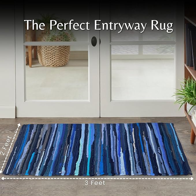 Ramanta Home Cotton Rag Rug 2'x3' - Navy, Braided Recycled Rugs for High Traffic Area, Boho Farmhouse Rug for Living Room, Kitchen, Entryway Bedroom Floor Mat - 24"x36"
