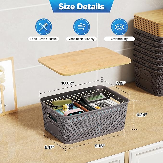 Anysig 8 Pack Plastic Storage Bins with Bamboo Lids, 5.2 QT Stackable Bins | Decorative Small Storage Basket Containers for Organizing Shelves Office Classroom Desktop Closet, Grey