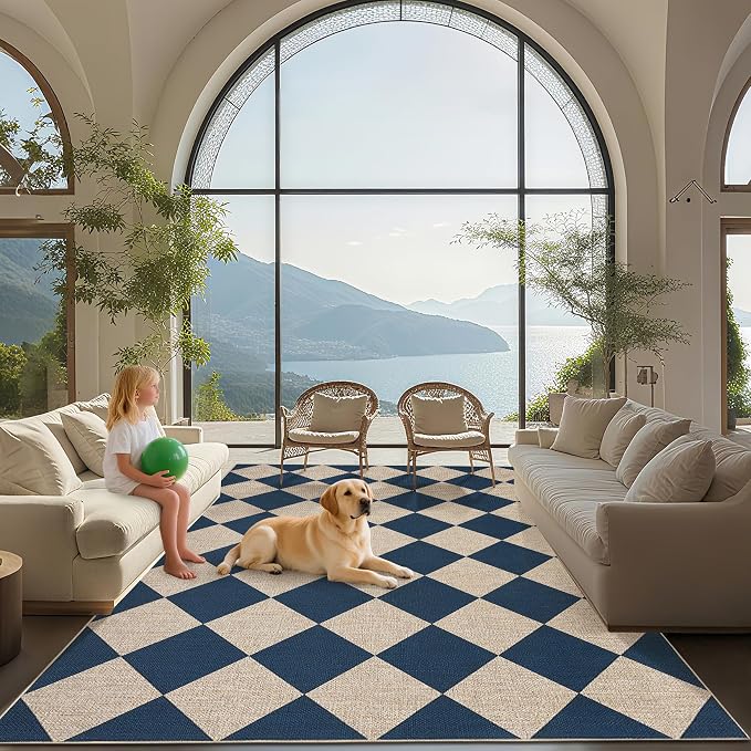 GarveeHome Easy Jute 8x10 Area Rugs for Living Room Checkered Rugs Machine Washable Non-Slip Backing Indoor Outdoor Carpets for Farmhouse Dining Room Nursery Patio Navy Blue