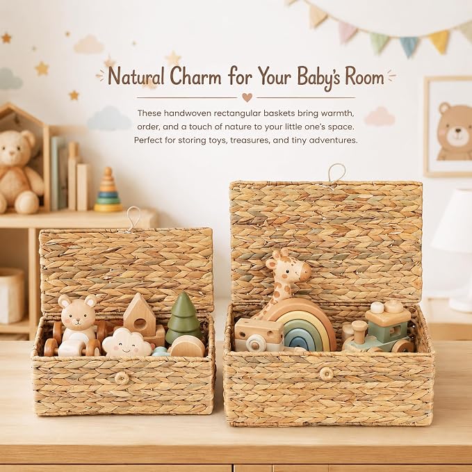 LUSYDECO Set of 3 Wicker Storage Baskets with Lid, Large Rectangular Rattan Basket Decorative Boxes, Natural Water Hyacinth Wicker Basket for Shelf Organizer, Nursery Room
