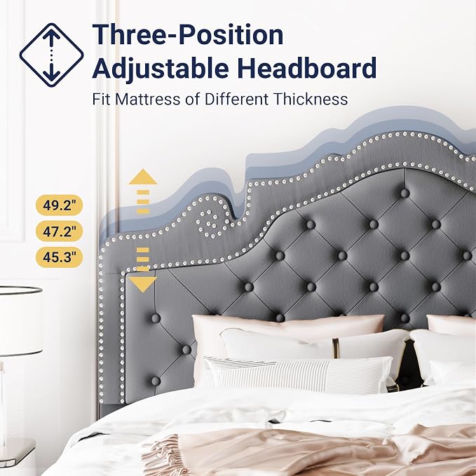 Allewie Queen Size Bed Frame with Adjustable Velvet Tiara Headboard, Upholstered Diamond Button Tufted Platform Bed, Wood Slats Support, No Box Spring Needed, Light Grey