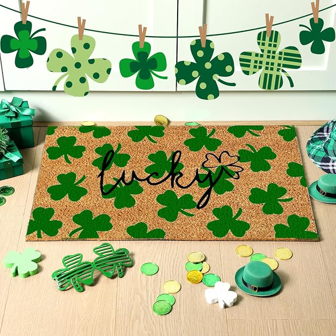 Ceenna St. Patrick's Day Coir Doormat Outdoor Shamrock Lucky Welcome Door Mat Green Clover Non-Slip Rug St. Patrick's Day Front Door Porch Entryway Decor for Indoor Outdoor Home Bathroom Decor