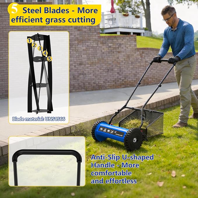 16-Inch Reel Lawn Mower with Grass Catcher and Tool-Free Blade Adjustment, 5-Blade Manual Push Lawn Mower, 5-Position Height Adjustable
