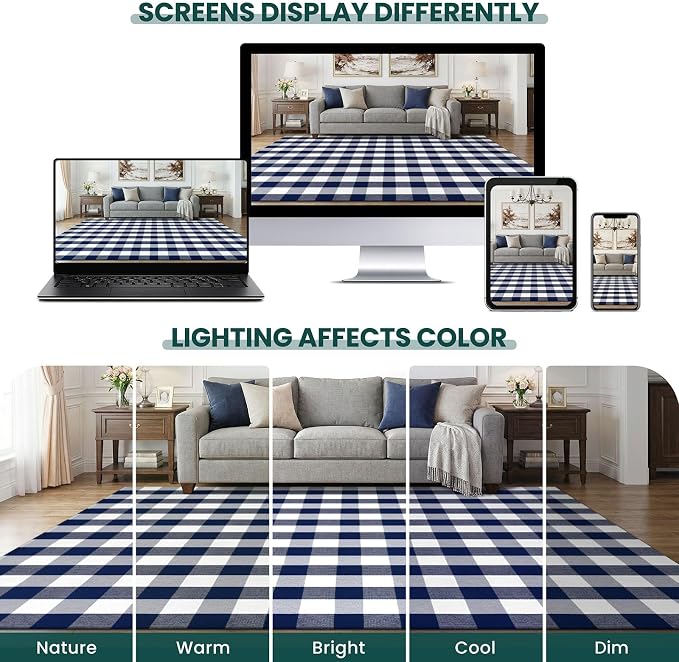 KOZYFLY Buffalo Plaid Area Rug 4x6 Ft Checkered Rug Washable Cotton Outdoor Rugs for Bedroom Blue and White Front Door Mat Carpet for Front Porch Living Room Dining Room Kitchen