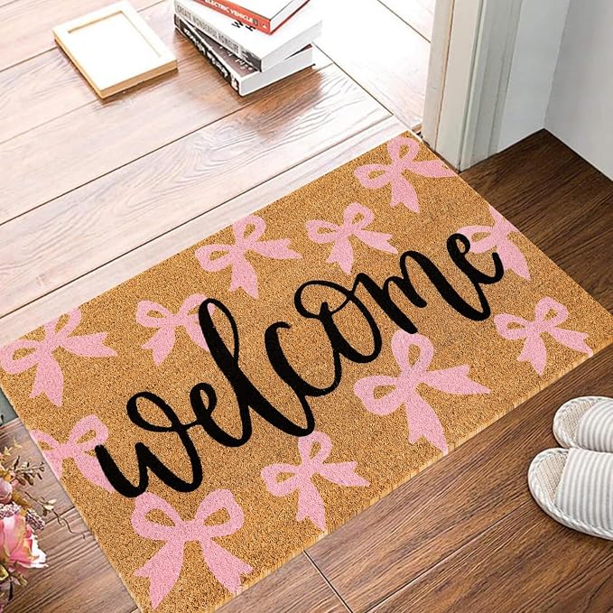 JarThenaAMCS Pink Bow Natural Coir Door Mat Cute Ribbon Bowknot Welcome Floor Mat Non-Slip Entrance Door Rugs for Indoor Outdoor Home Bathroom Decor, 16.5 x 29 Inch