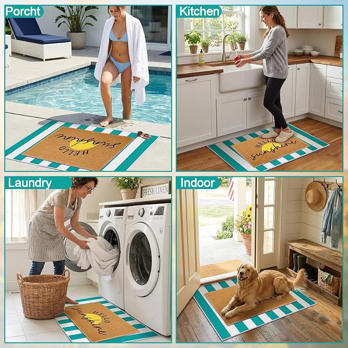 2 Pcs Layered Front Porch Decor, Hello Sunshine Welcome DoorMats Summer Coastal Entryway Rug Set, Light Blue White Striped Crystal Velvet Base and PVC Coil Door Mat, 15.7x23.6 & 23.6x31.5