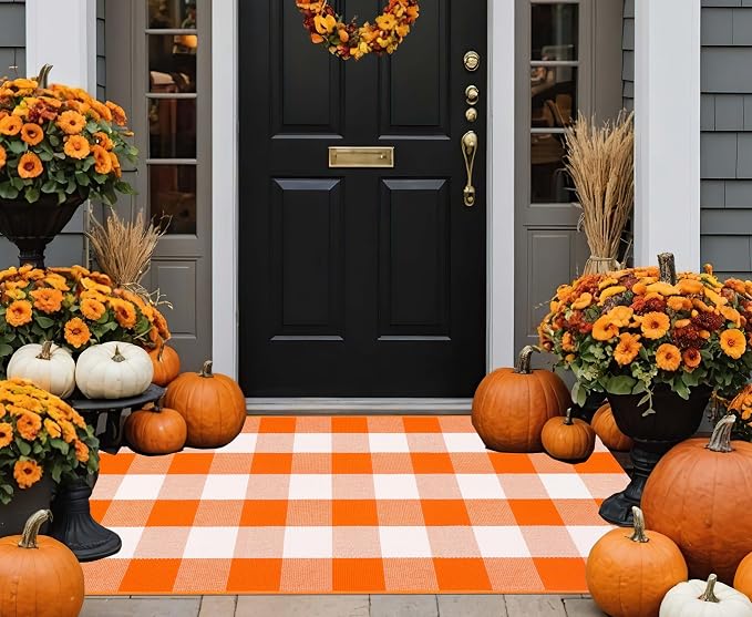 Fall Layered Doormat 27.5 x 43 inch,Orange and White Plaid Rug Cotton Woven Washable Front Door Mat Outdoor Checkered Area Rug for Porch,Entryway,Farmhouse,Halloween,Indoor,Outdoor