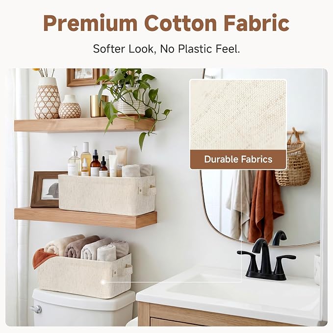StorageWorks Narrow Storage Bins, Small Basket for Closet and Shelves, Fabric Organizer with Handles, Toilet Paper Storage, Beige, Cotton Linen, 2-Pack