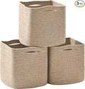 ICERZCZ 13 Inch Cube Closet Storage Bins, Woven Cotton Rope Organizer Baskets for Organizing & Shelves, Books, Towels, Clothes, Toys, 13x13x13 in, Brown (Pack of 3)