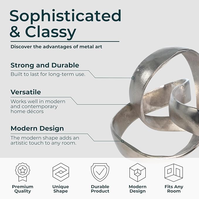 Metal Decorative Object – Minimalist Shelves & Coffee Table Decor – Aluminum Knot Sculpture Modern Home Decor for Office, Bedroom & Living Room – 8" x 7", Silver