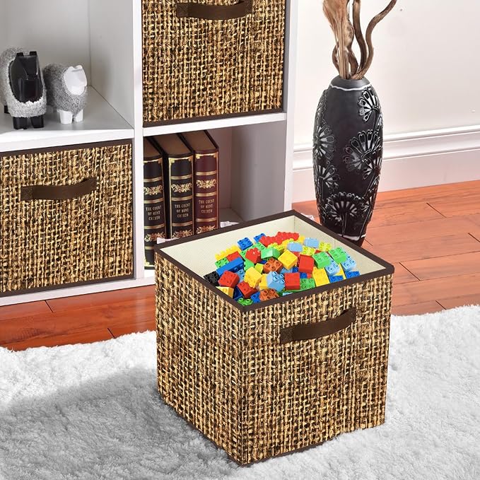 homyfort 11x11 Cube Storage Bins - Fabric Cubby Bins with Dual Handles, Collapsible Storage Organizer for Shelf, Closet, Nursery, Set of 6 (PRINTING instead of Real Rattan Weaving)