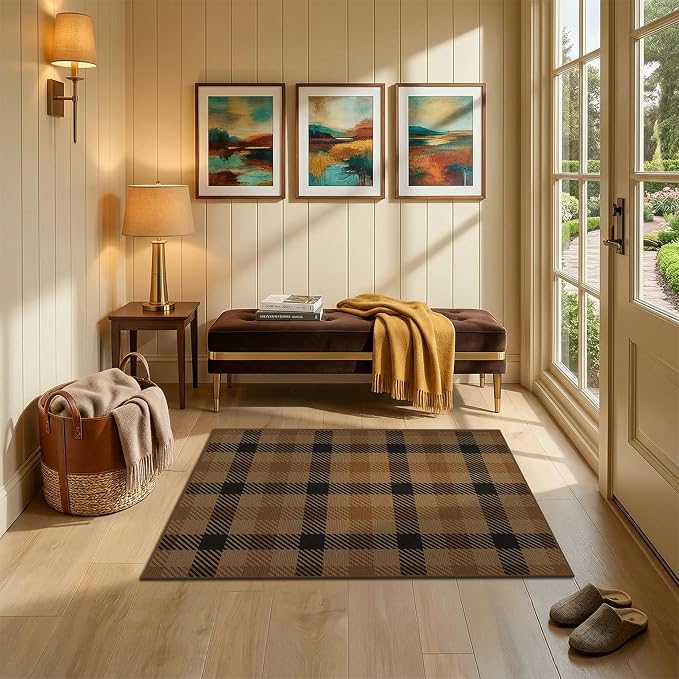 3x4 Entryway Door Mat Indoor – Washable Non Slip Small Rug for Front Door, Kitchen Sink, Mudroom, Garage Entry, Low Profile Easy Clean Farmhouse Plaid Floor Mat
