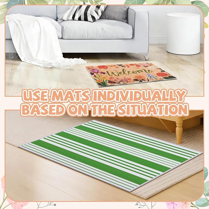 2 Pcs Floral Welcome Doormat Set, Front Door Mat with Non Slip Rubber Backing, Spring Outdoor Entryway Porch Mat Decor Farmhouse Floral Welcome Mat Set for Seasonal Home Indoor Decor