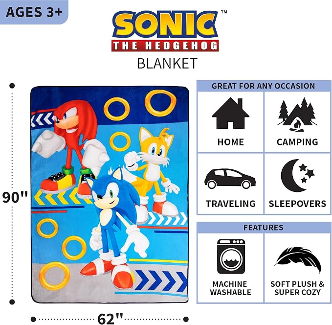 Franco Kids Bedding Super Soft Plush Micro Raschel Blanket, 62 in x 90 in, Sonic The Hedgehog