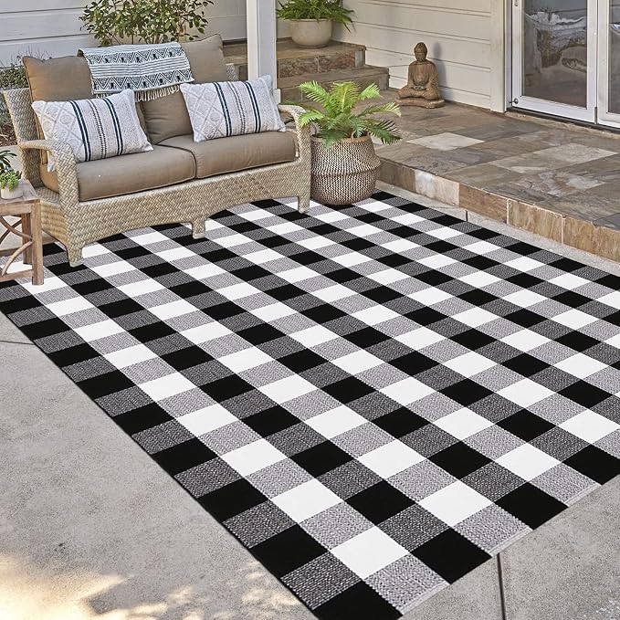Bottalive Buffalo Plaid Outdoor Rugs, 5'x7' Black and White Checkered Area Rug, Washable Cotton Woven Indoor/Outdoor Rug for Farmhouse/Patio/Front Porch/Living Room/Laundry Room/Bedroom Décor