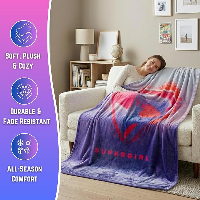 Supergirl Movie Fluffy Throw 46 in x 60 in – Soft Plush Lightweight Blanket for Couch, Bed & Travel, (Officially Licensed Product) by Franco