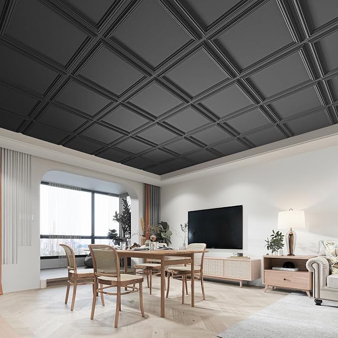Art3d 36-Pack Drop Relief Ceiling Tiles for Home, Office & Commercial Space, 24 x 24in PVC Waterproof 3D Wall Panels, Covers 144 Sq. Ft, Multi-Pack, Square Black