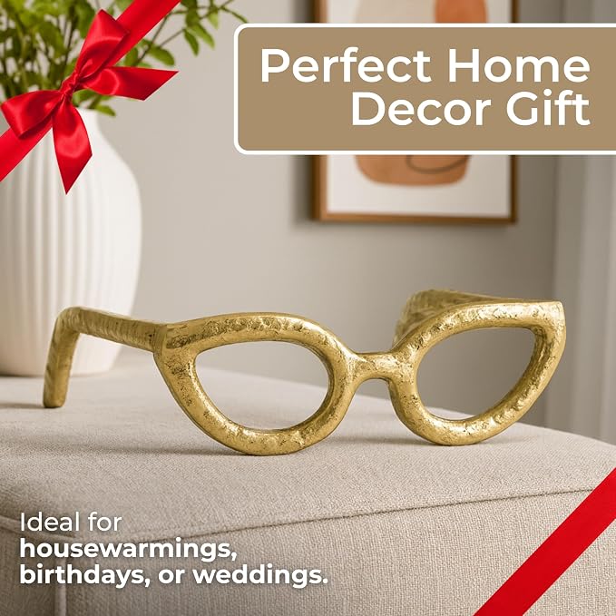 Cateye Glasses Decorative Object – Aluminum Sculpture Modern Home Decor Ornament – Shelf Styling & Coffee Table Decor for Bathroom, Office & Living Room – 7"x3", Gold