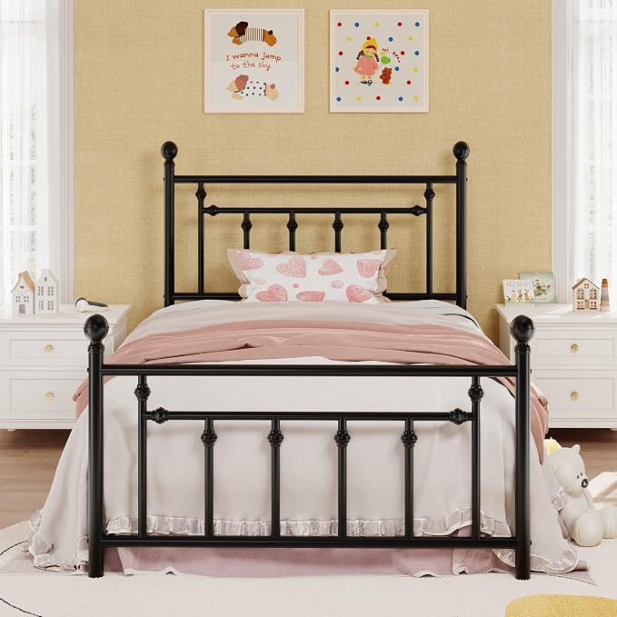 SHA CERLIN 14" Twin Size Metal Platform Bed Frame/Victorian Headboard and Footboard/Steel Slats Mattress Foundation for Storage/No Box Spring Needed/Noise Free/Black