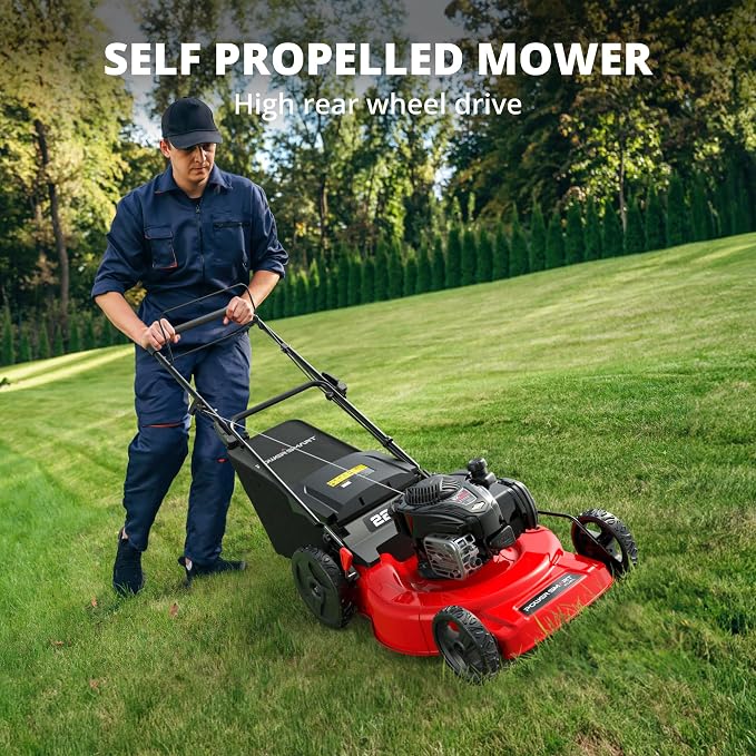 PowerSmart 22” Gas Lawn Mower, 150cc B&S Engine, Self-Propelled, 3-in-1 Mulching System, 6 Cutting Heights, Rear-Wheel Drive, Durable Steel Deck for Yard