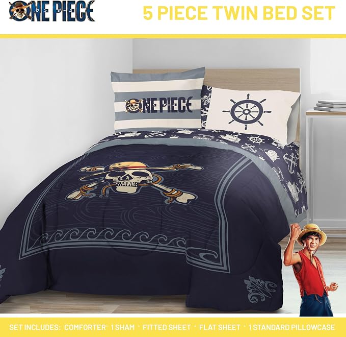 One Piece Luffy Twin Comforter Set 5 Piece Soft Anime Bedding, Blue | Bed in a Bag, Comforter Sheets Sham Pillowcase, Official Product, Soft Microfiber, Machine Washable, Kids Gift