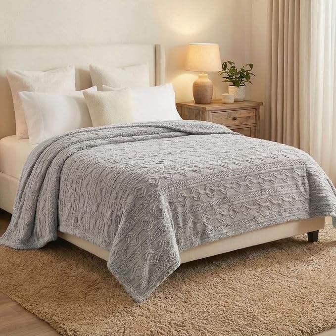 SUPERIOR Fleece Boho Jacquard Blanket, Decorative Blankets for Bedroom, Sofa, Fuzzy, Plush, Fluffy, Soft, Cute Room Decor, Beautiful Cover, Comfort Essentials, Arctic Collection, King, Platinum