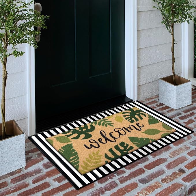 Tinideya 2 Pcs Summer Palm Leaf Door Mat Tropical Leaves Welcome Non Slip Coir Mats Rainforest Floor Layering Doormats Seasonal for Front Porch Entryway Decor(Tropical Leaves)