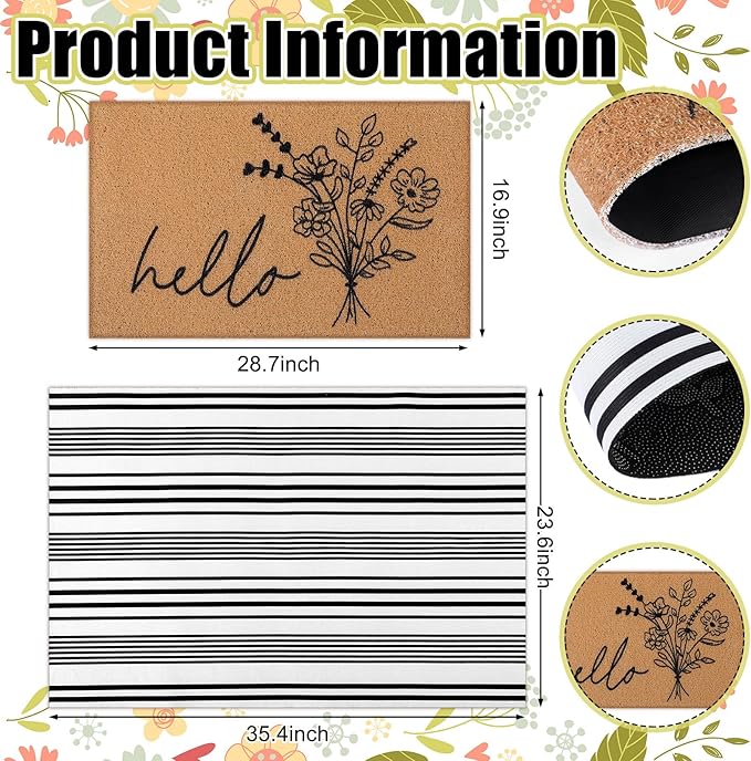 Tinideya 2 Pcs Farmhouse Welcome Mats for Front Door, Hello Floral Layered Doormat Set with Black White Striped Rug, Front Porch Rug Set for Entryway Patio Outdoor Decor