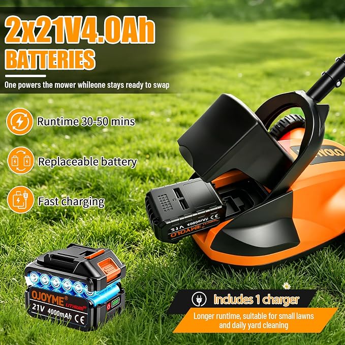 Mini Cordless Lawn Mower, 9 Inch Electric Grass Cutter | Brushless Motor, 2 x 21V 4.0Ah Batteries, 3 Adjustable Cutting Heights, Lightweight Push Mower for Small Yard & Garden