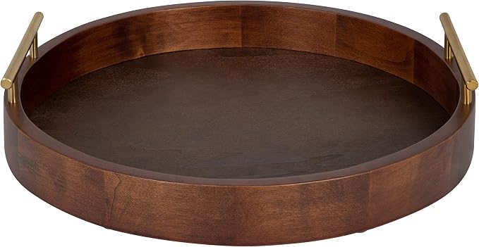 Kate and Laurel Lipton Modern Round Tray, 18", Dark Walnut and Gold, Decorative Accent Tray for Storage and Display