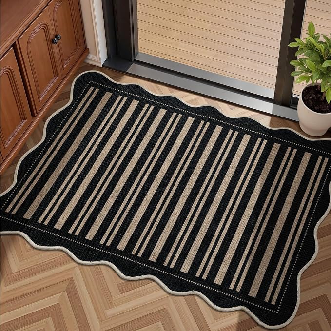 EDIMENS 2x3 Front Door Mat Easy Jute Scalloped Doormat Small Entryway Rug | Striped Non-Slip Washable Area Rug Low Pile Black Indoor Outdoor Farmhouse for Entrance Entry Front Porch Doorway