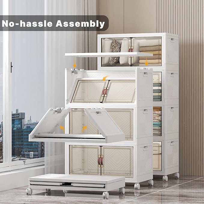 UAMFURI Stackable Storage Bins, 448QT Collapsible Drawers with Lid & Wheels | Large Capacity, Magnetic Door, Stack Lock, Rolling Casters, Foldable Design, Organizers and Storage for Bedroom Dorm Garage