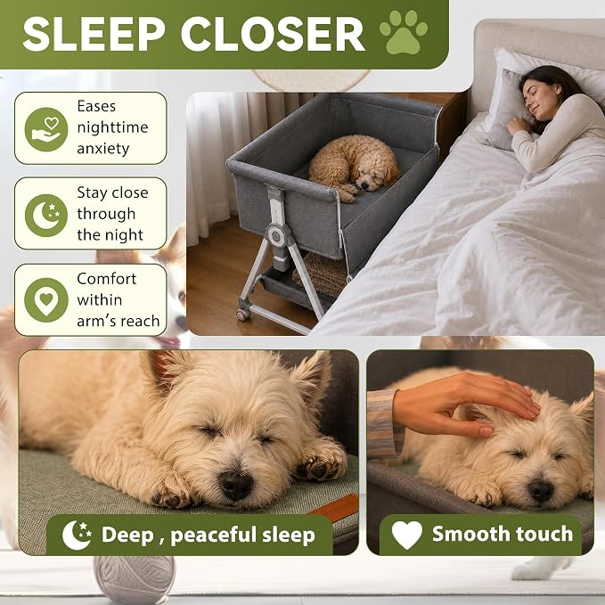 Bedside Dogs Bed, Raised Dogs Bed 27''-32'' Adjustable Height, Dog Bed Extension for Human Bed, Bedside Cosleeper Dog Bed for Small, Medium Dogs(34.5''L x 20''W)