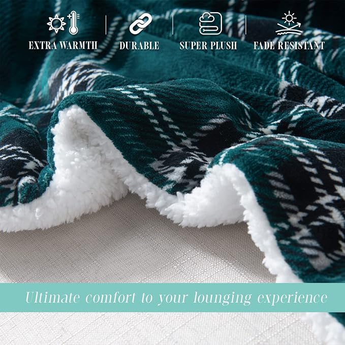 Elegant Comfort Throw Blanket, Reversible Sherpa Flannel, Ultra-Soft, Fuzzy, Cozy and Plush- All Season Lightweight Decorative Throw, 50 x 60 inches, Plaid Design Sherpa Throw, Green